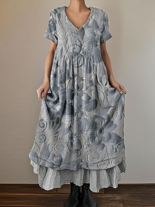 Women's Retro Stereoscopic Printed Short Sleeve V-Neck Double Layer Dresses