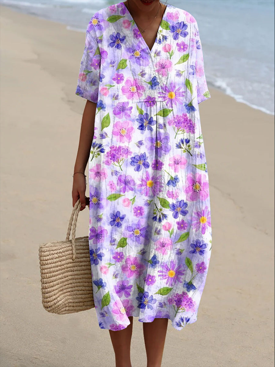 Women's Vintage Floral Art Print Flowy Dress