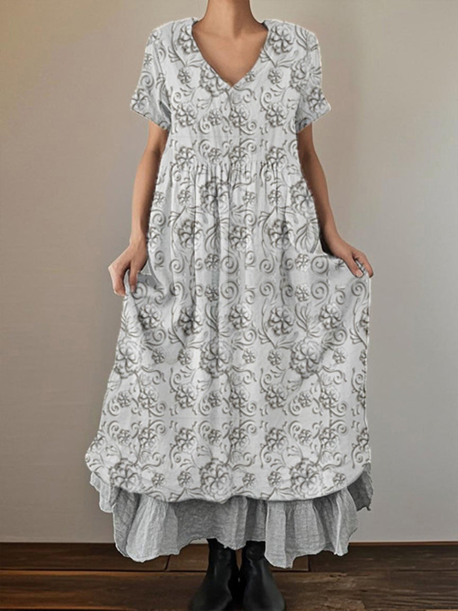 Women's Retro Hollow Stereoscopic Printed Short Sleeve V-Neck Double Layer Dress