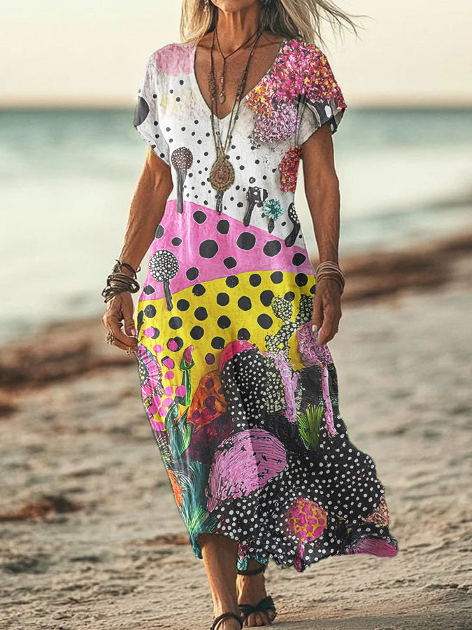 Women's Dot Painting Art Print Cotton Linen V-Neck Short Sleeve Dress