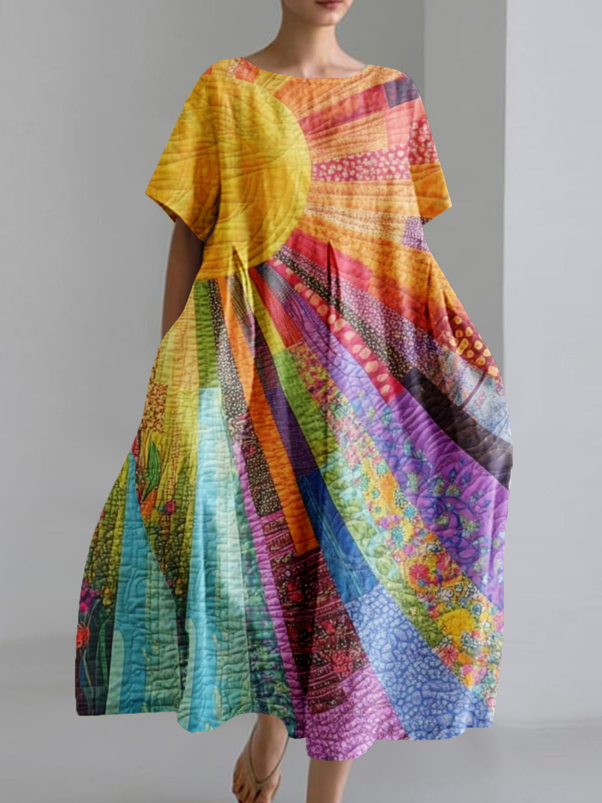 Women's Hippie Sun Art Print Round Neck Short Sleeve Pocket Dress