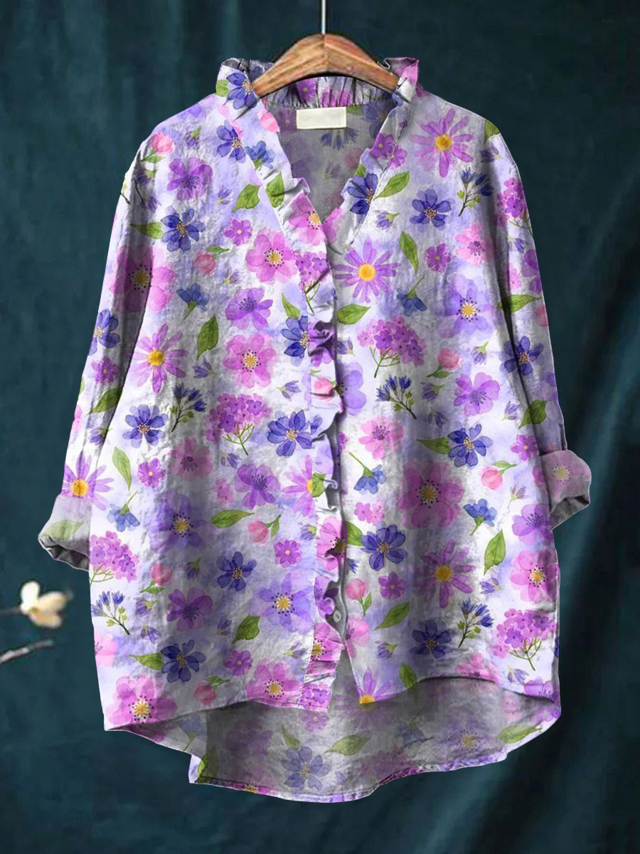 Women's Vintage Purple Art Print Casual Cotton Linen Ruffle Shirt