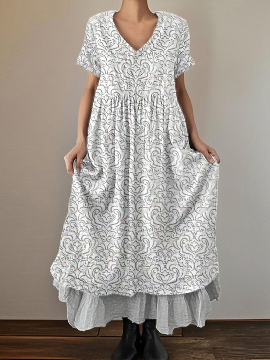 Women's Retro Hollow Stereoscopic Printed Short Sleeve V-Neck Double Layer Dress