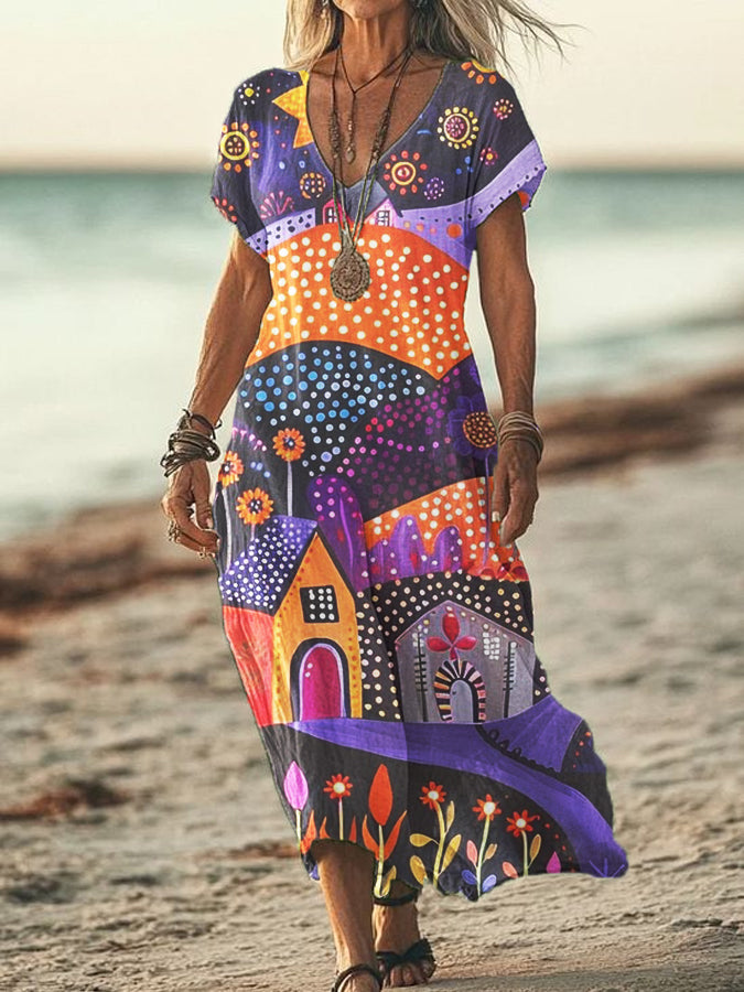 Women's Dot Painting Art Print Cotton Linen V-Neck Short Sleeve Dress