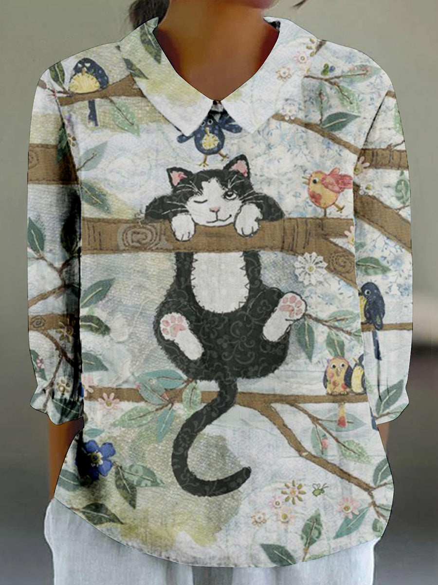 Women's Black Cat Hanging Tree Print Crew Neck 3/4 Sleeve Shirt