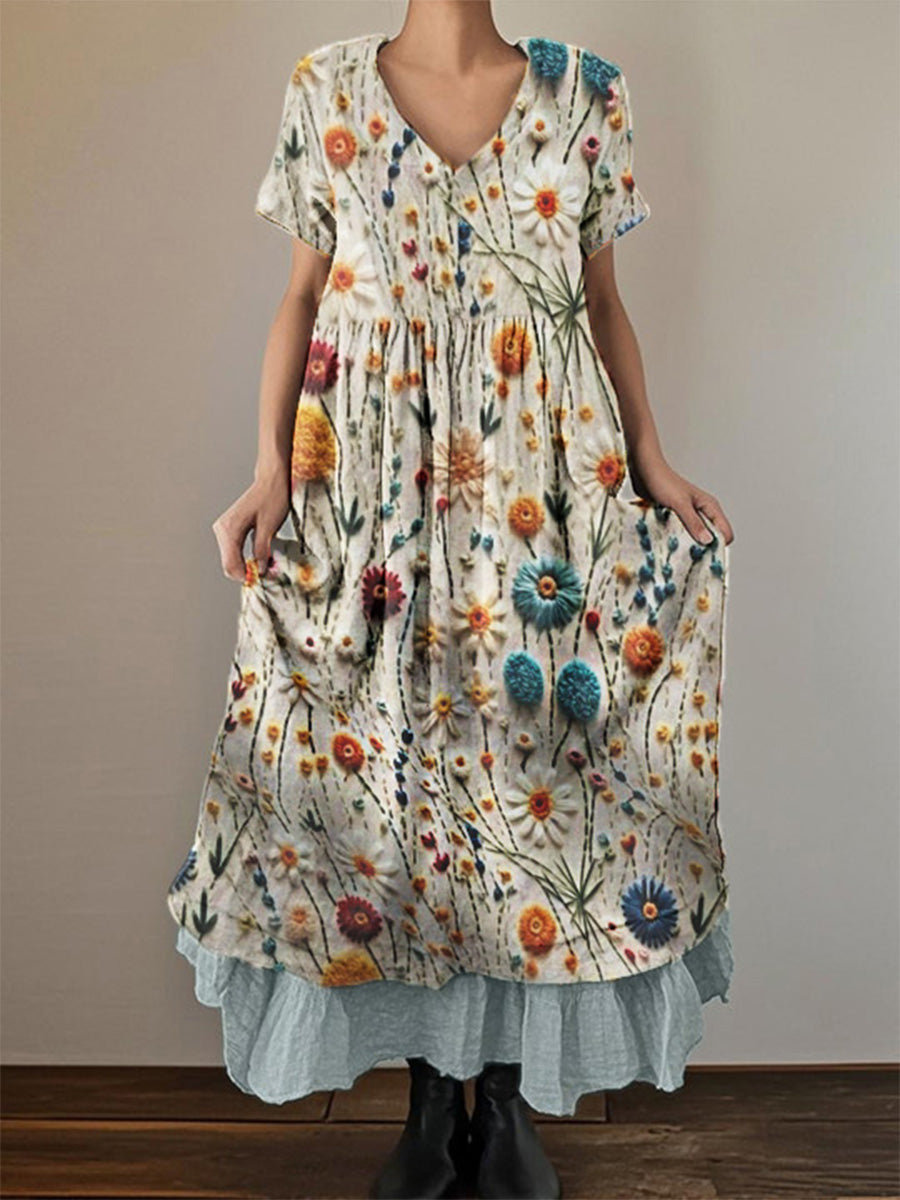 Women's Vintage Embroidery Stereoscopic Printed Short Sleeve V-Neck Double Layer Dresses