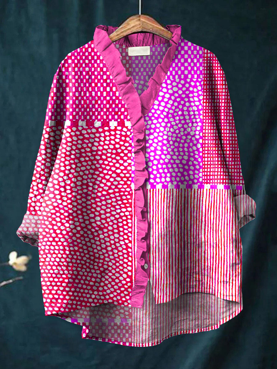 Women's Retro Abstract Dot Art Print Casual Cotton And Linen Ruffle Shirt