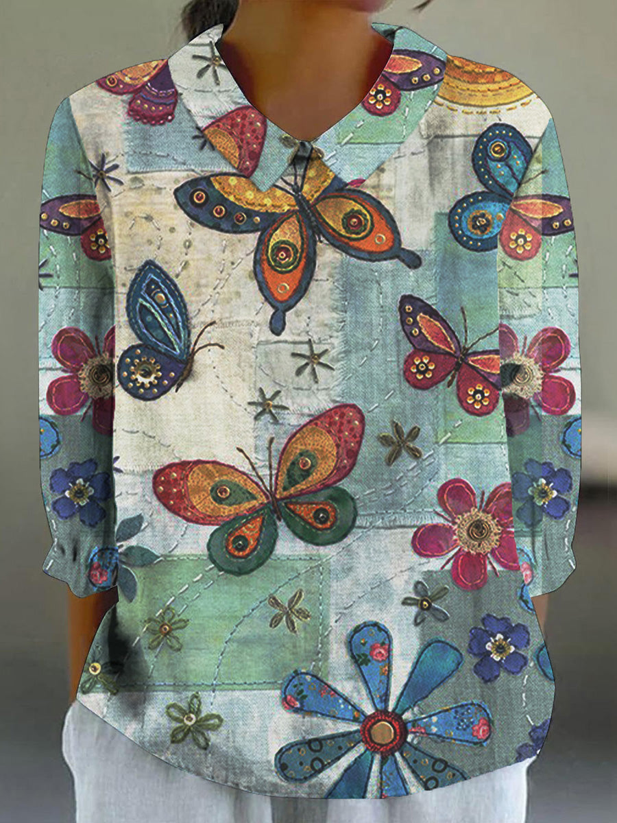 Women's Summer Butterfly Print Round Neck 3/4 Sleeve Shirt