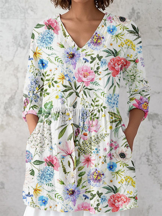 Women's v-neck vintage floral print cotton shirt