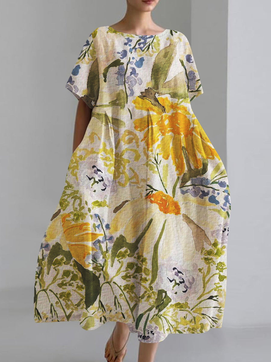 Women's Yellow Handpainted Floral Print Short Sleeve Pocket Dress