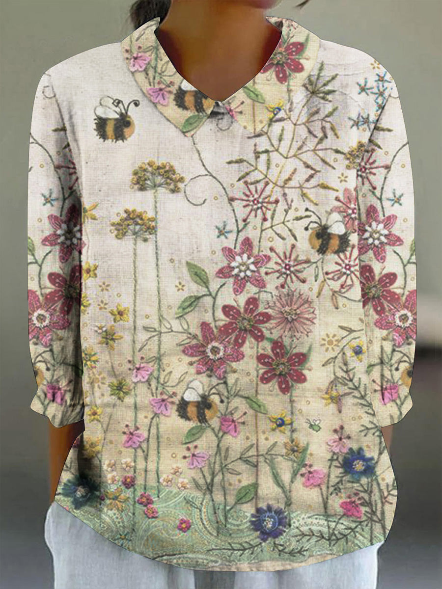 Women's Bee Meadow Print Crew Neck 3/4 Sleeve Shirt