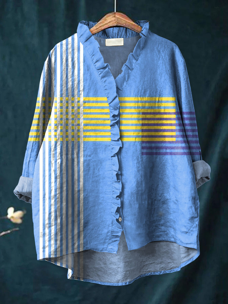 Women's Abstract Stripes Art Print Casual Cotton And Linen Ruffle Shirt