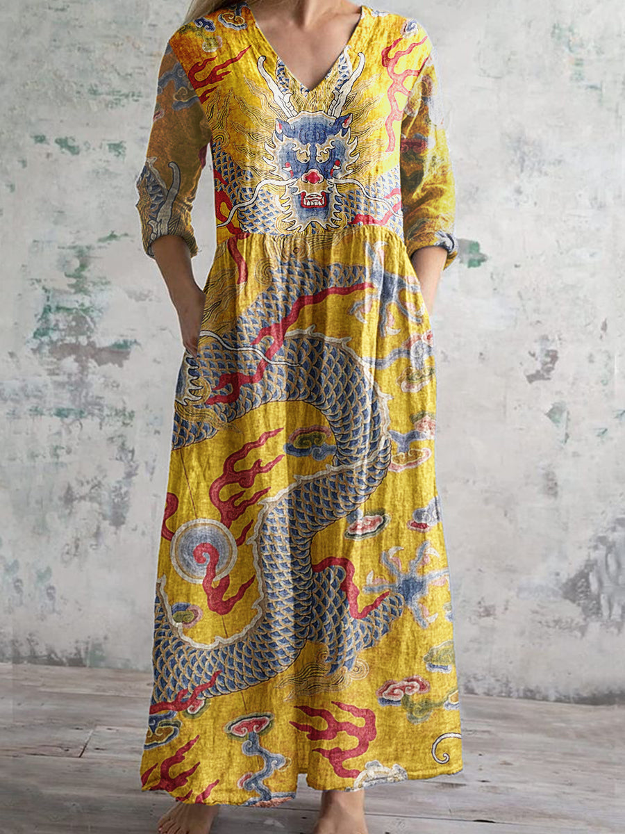 Women's Vintage Floral Print Cotton Pocket Dress