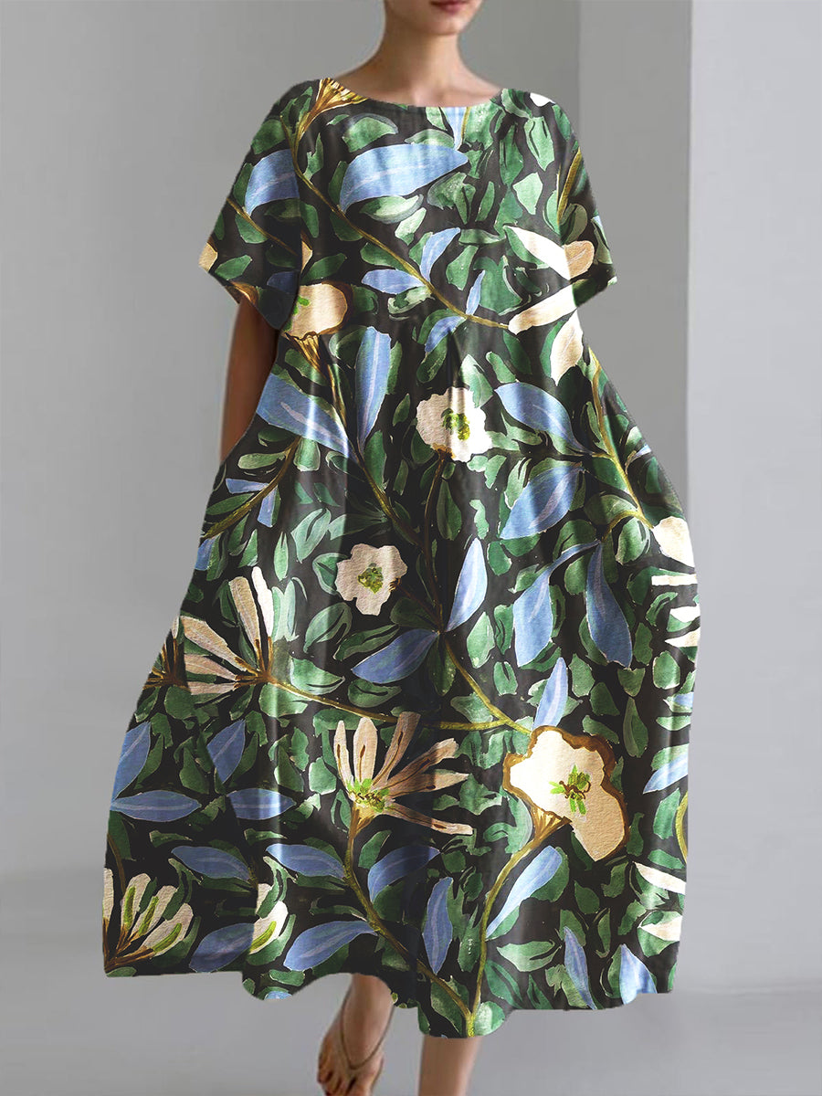 Women's Green Hand-Painted Floral Print Short Sleeve Pocket Dress