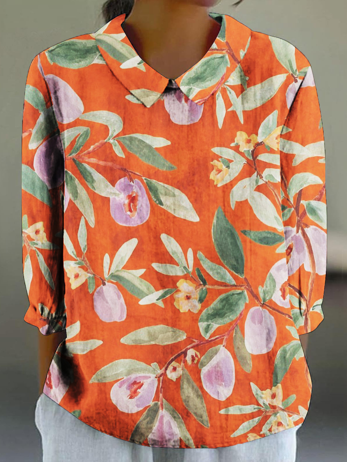 Women's Fruit Art Print Cotton Linen 3/4 Sleeve Shirt