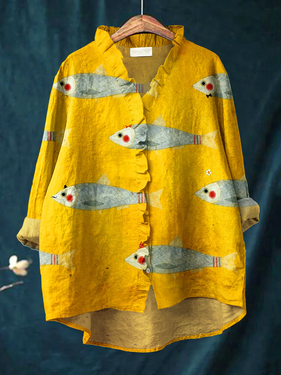Women's Abstract Stripes Art Print Casual Cotton And Linen Ruffle Shirt