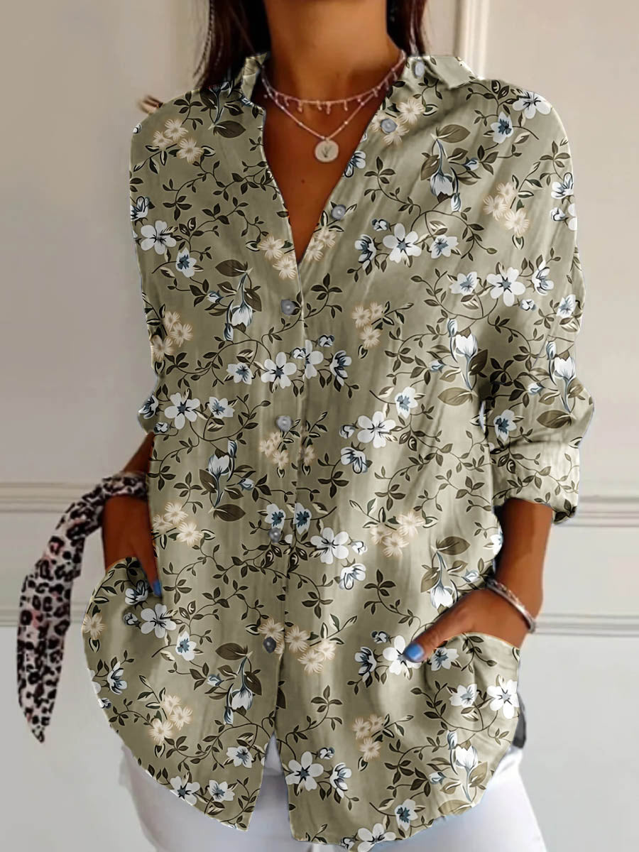 Women'S Elegant Flower Art Print Casual Linen V-Neck Shirt