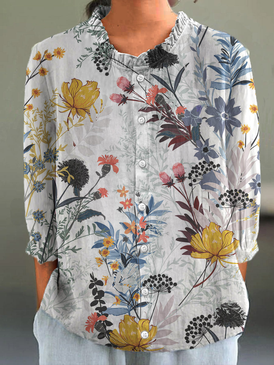 Women's Vintage Floral Art Print 3/4 Sleeve Shirt