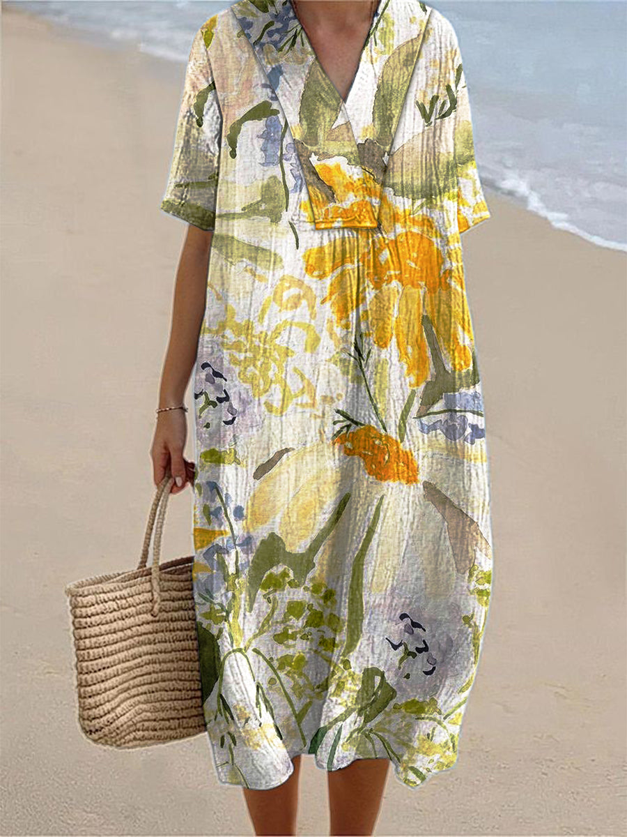 Women's Yellow Hand-Painted Floral Print Short Sleeve V-Neck Cotton Linen Dress