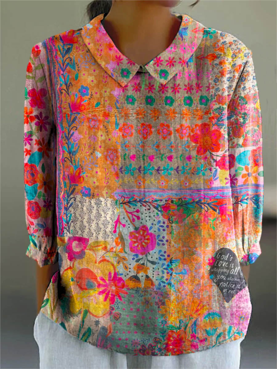 Women's Vintage Floral Pattern Art Print Casual Cotton And Linen 3/4 Sleeve Shirt