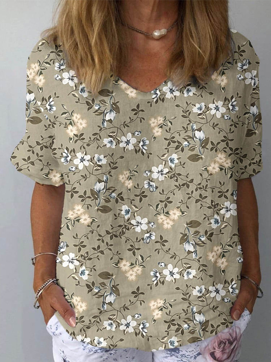 Women's Elegant Flower Print Casual V-Neck Cotton and Linen Top