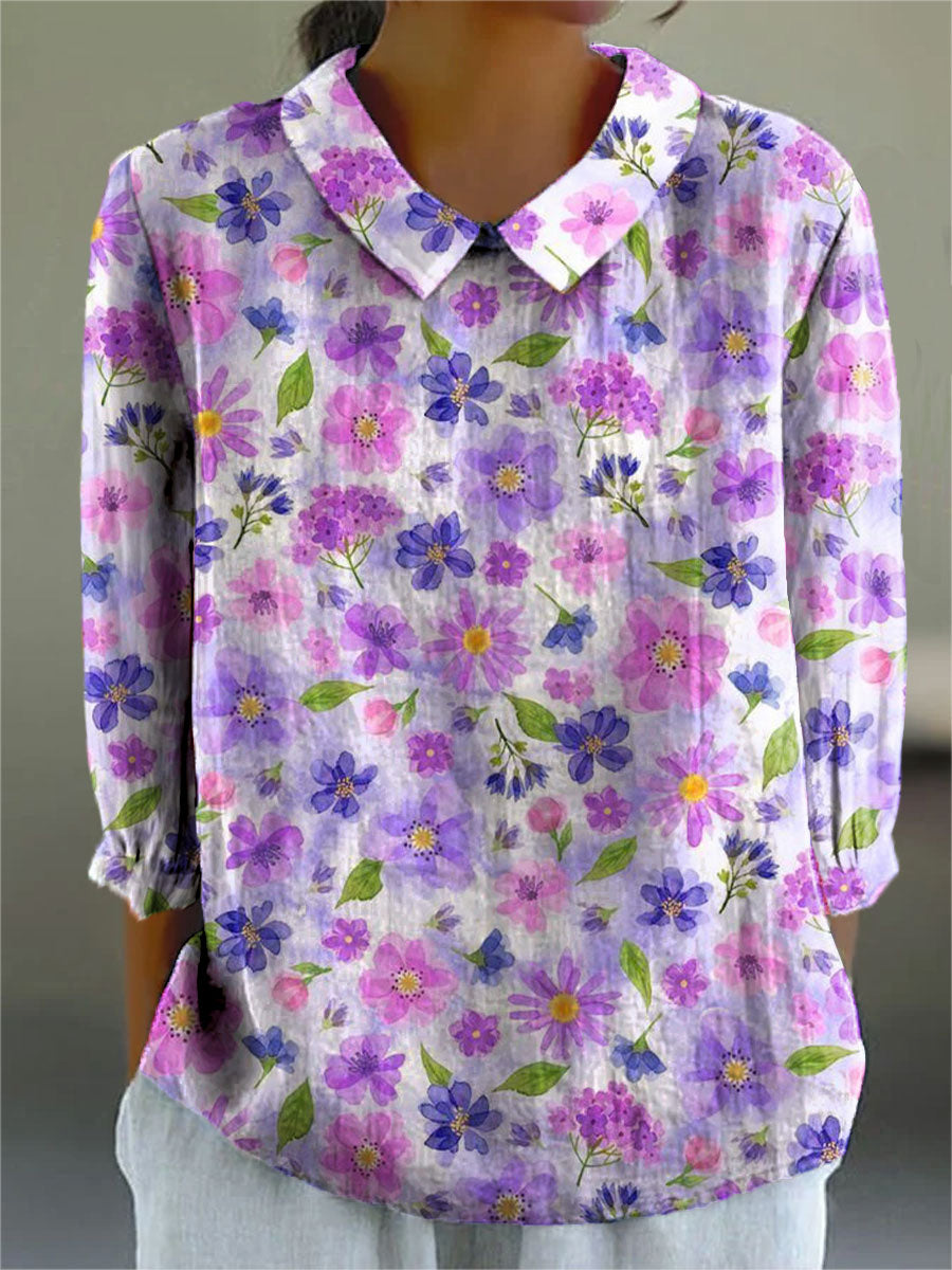 Women's Vintage Floral Art Print Casual Cotton And Linen 3/4 Sleeve Shirt