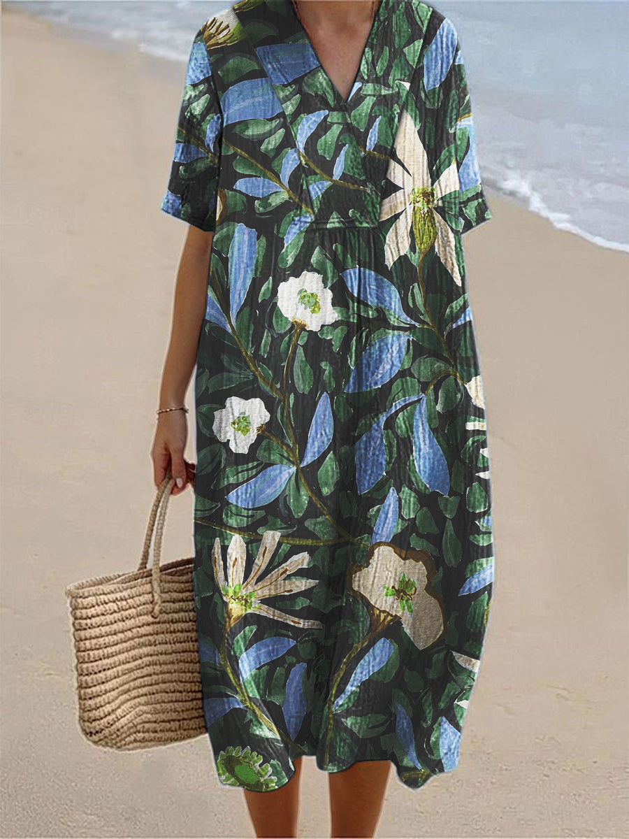Women's Green Hand-Painted Floral Print Short Sleeve V-Neck Cotton Linen Dress