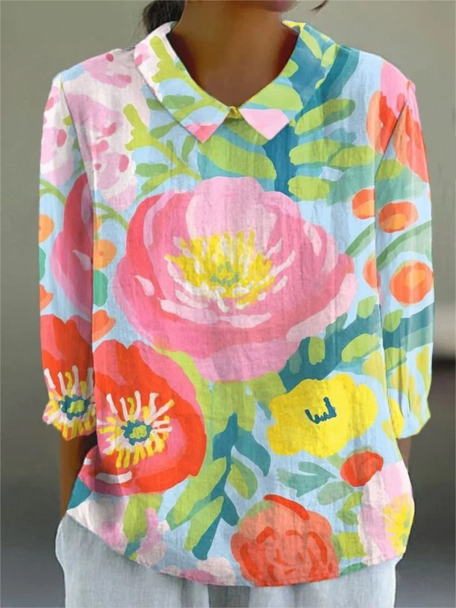 Women's Watercolor Floral Art Print Cotton Linen 3/4 Sleeve Shirt