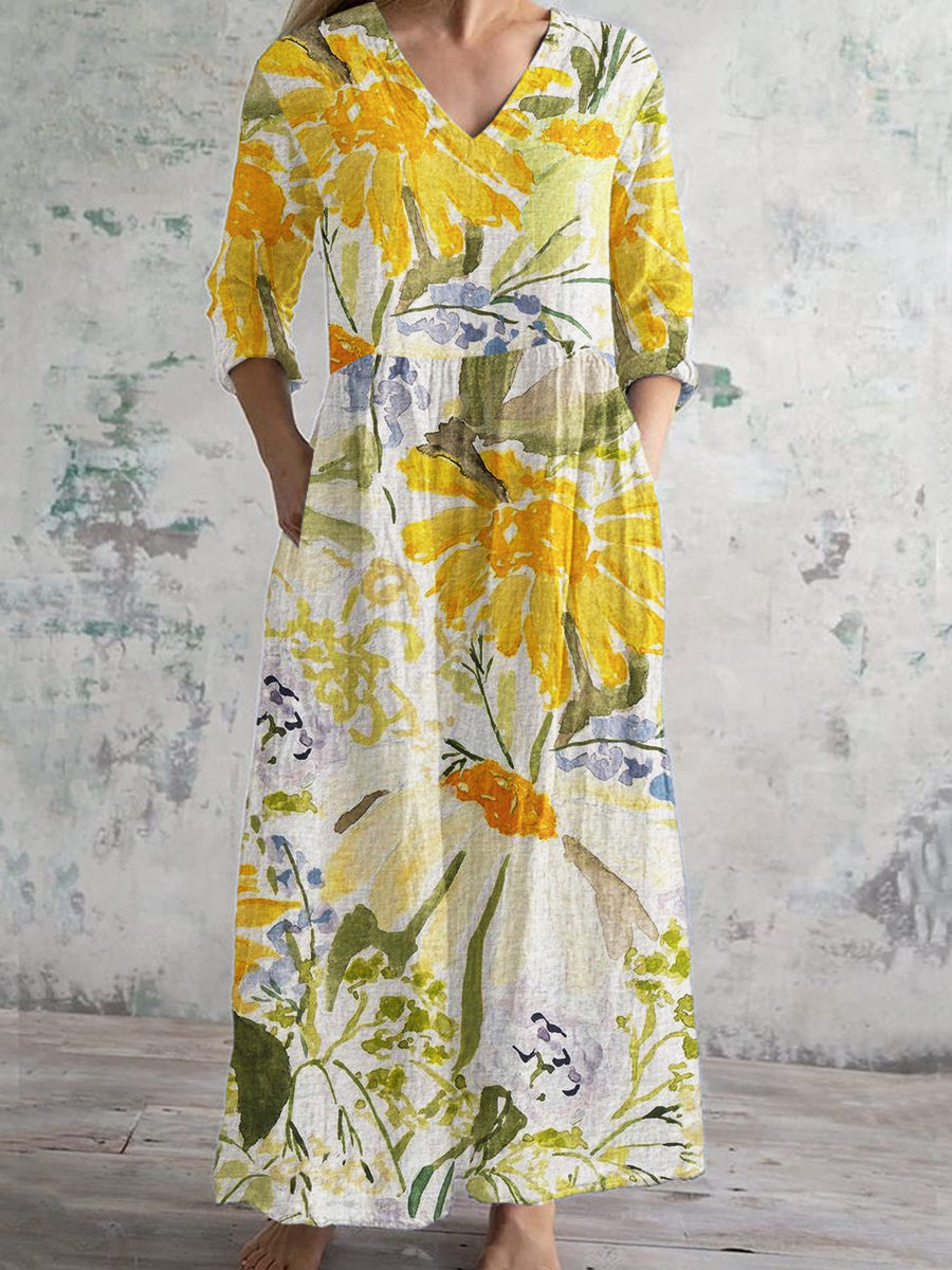 Women's Yellow Hand-Painted Floral Print 3/4 Sleeve V-Neck Cotton Linen Dress