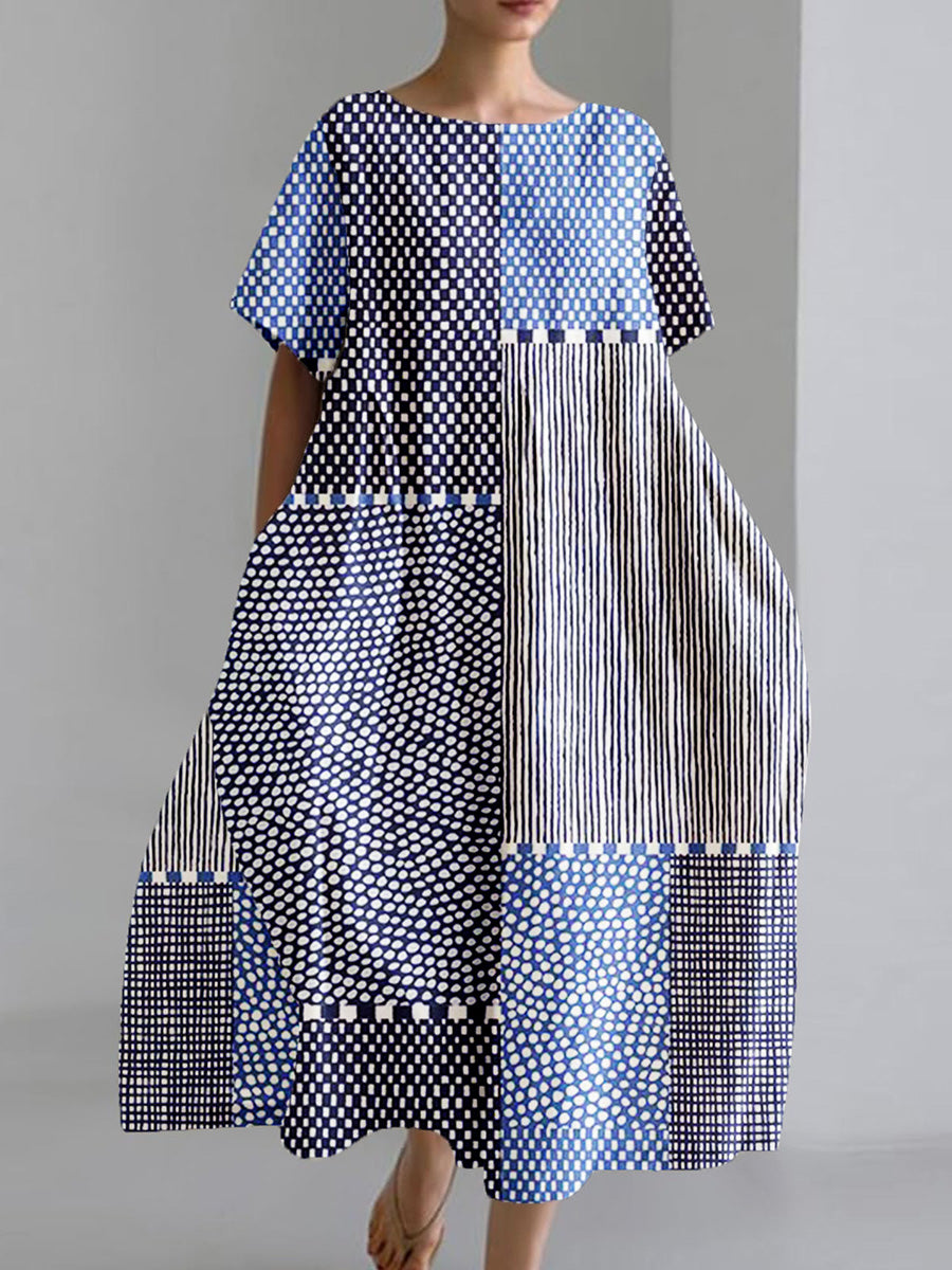 Women's Abstract Geometric Art Print Round Neck Short Sleeve Pocket Dresses