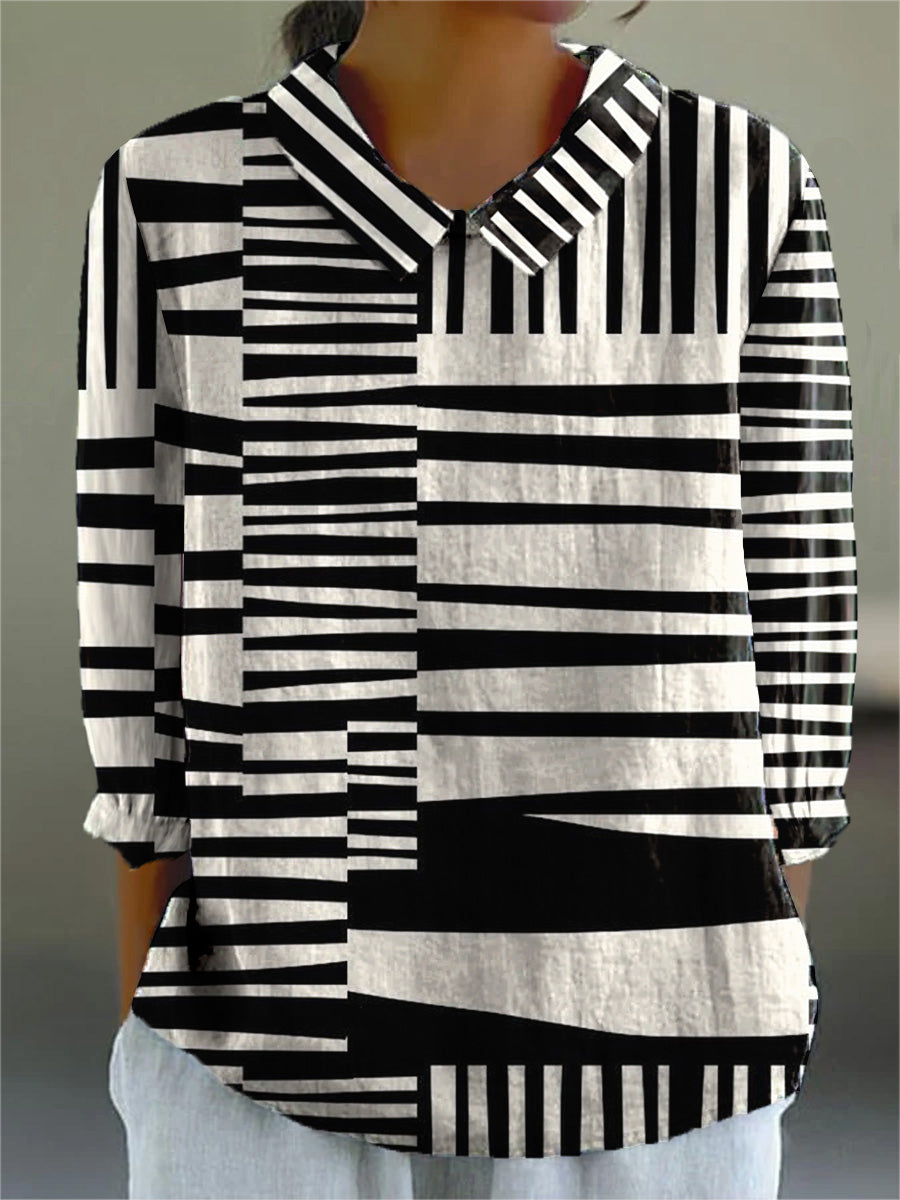 Women's Abstract Geometric Art Print Cotton Linen 3/4 Sleeve Shirt