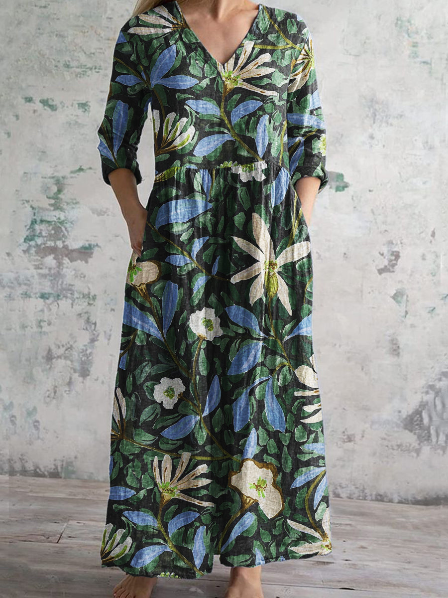 Women's Green Hand-Painted Floral Print 3/4 Sleeve V-Neck Cotton Linen Dress