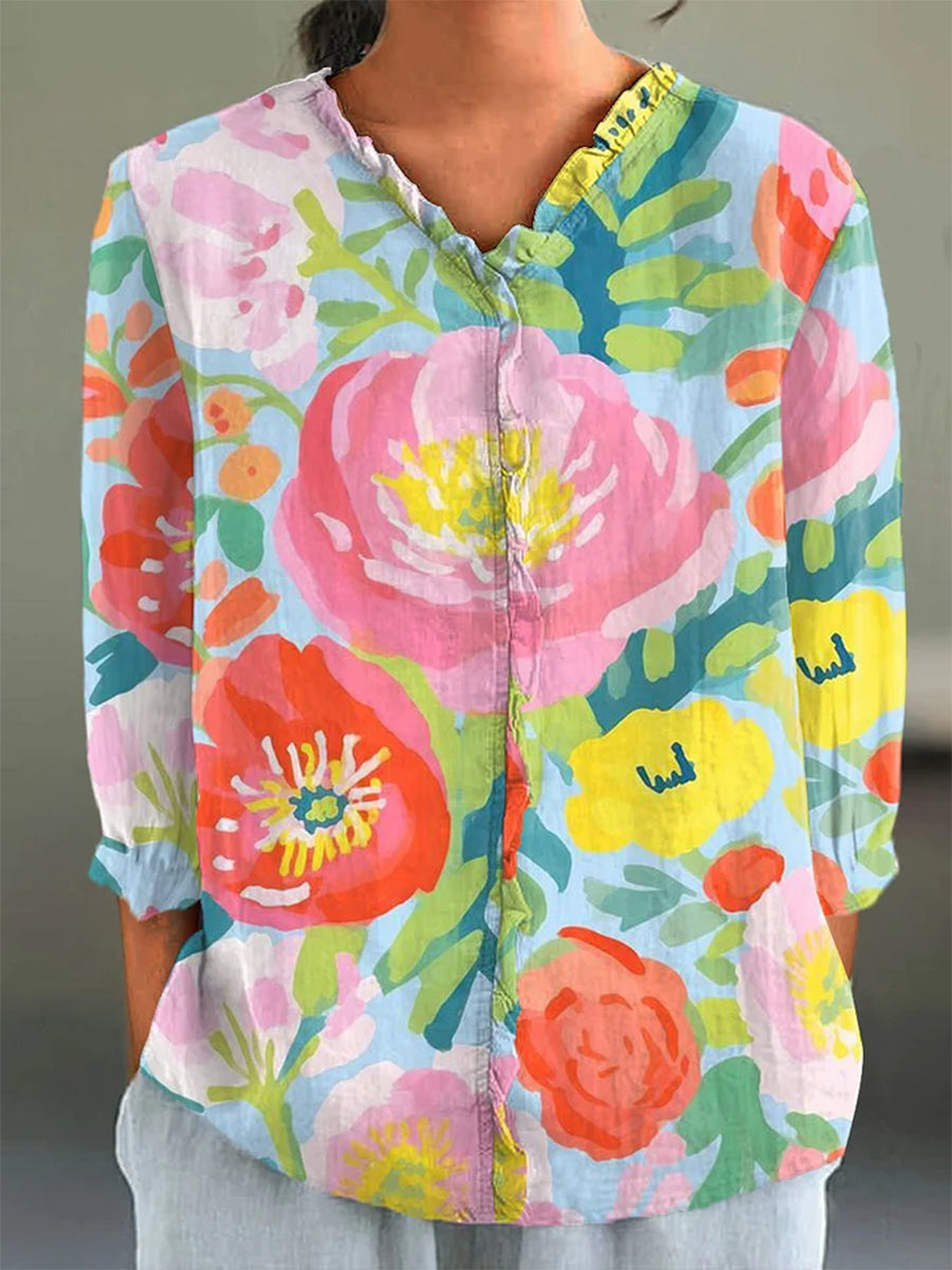 Women's Watercolor Floral Art Print Cotton Linen 3/4 Sleeve Shirt