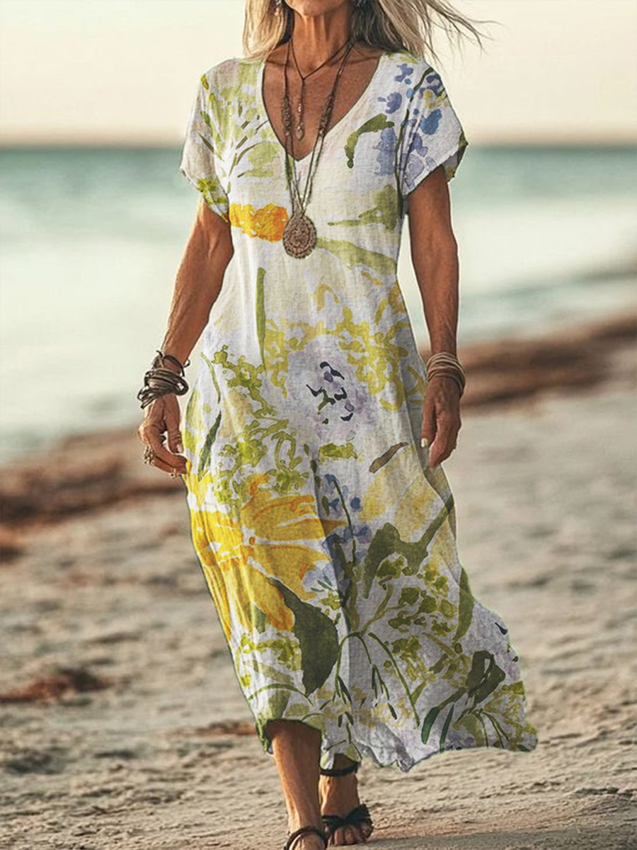 Printed V-Neck Elegant Chic Loose Long Sleeve Maxi Dress