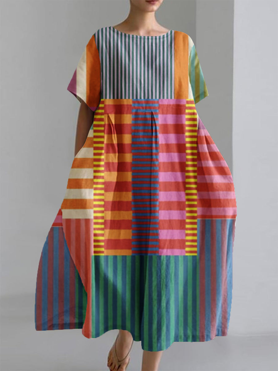 Women's Abstract Geometric Art Print Round Neck Short Sleeve Pocket Dresses