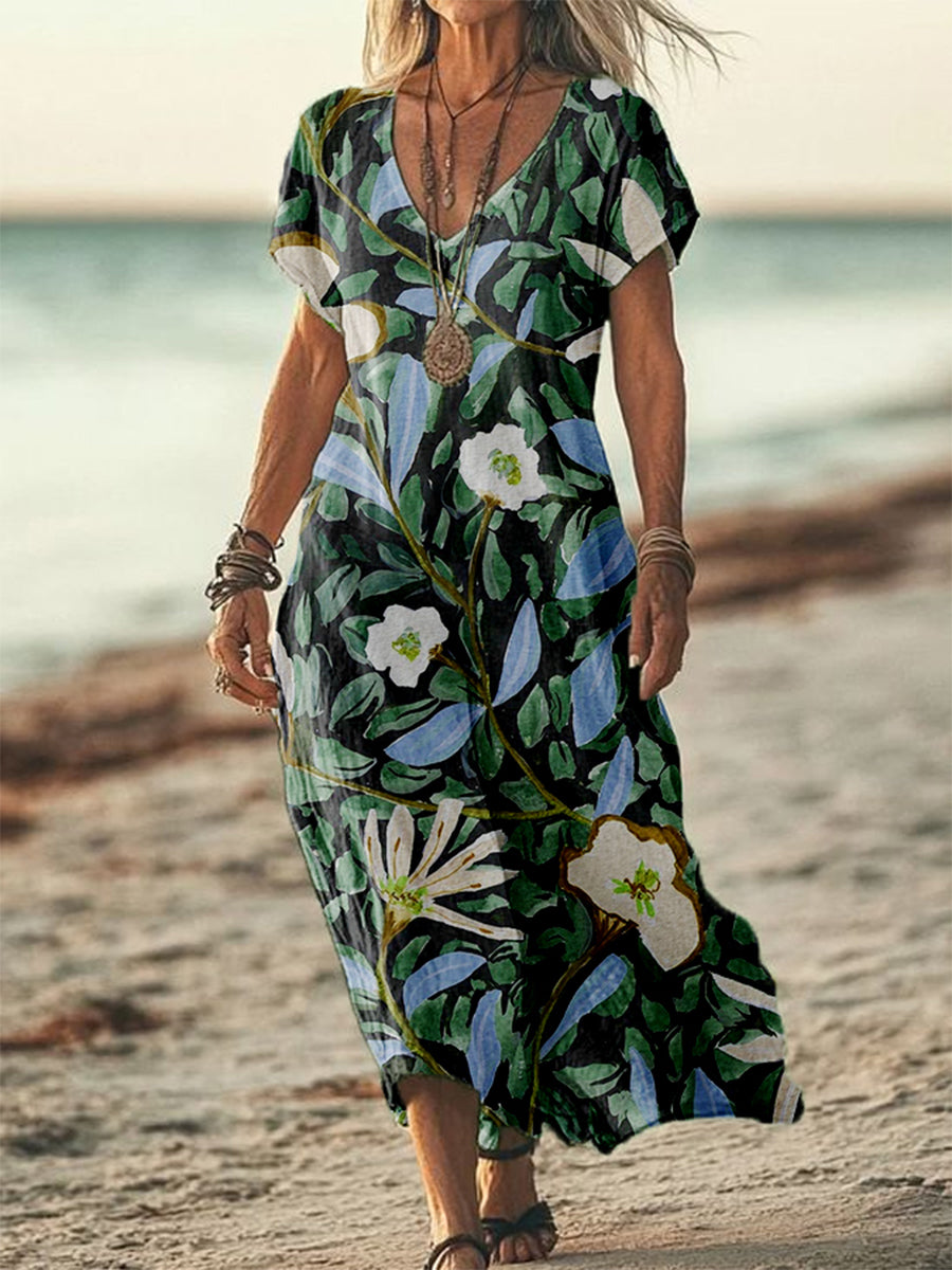Women's Green Hand-Painted Floral Print 3/4 Sleeve V-Neck Cotton Linen Dress