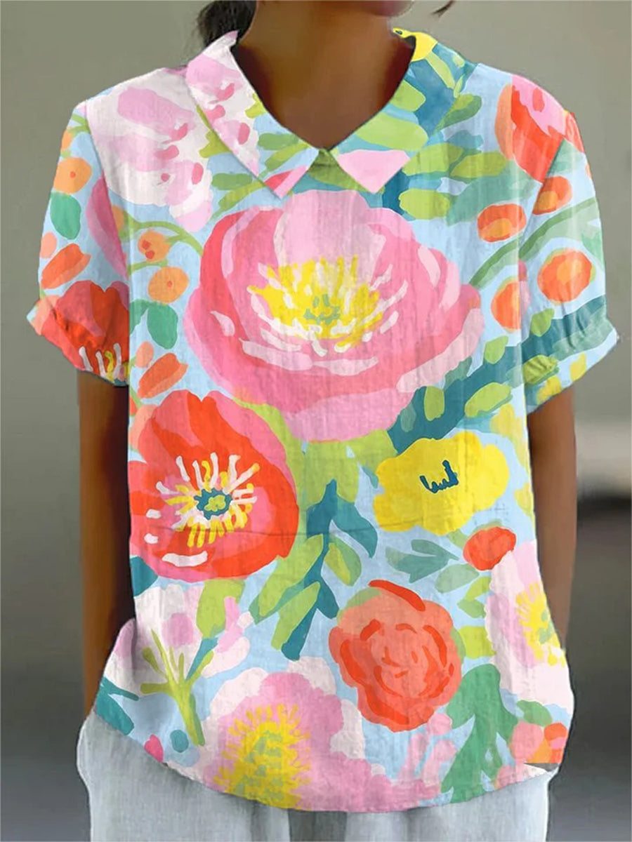 Women's Watercolor Floral Art Print Cotton Linen Short Sleeve Shirt