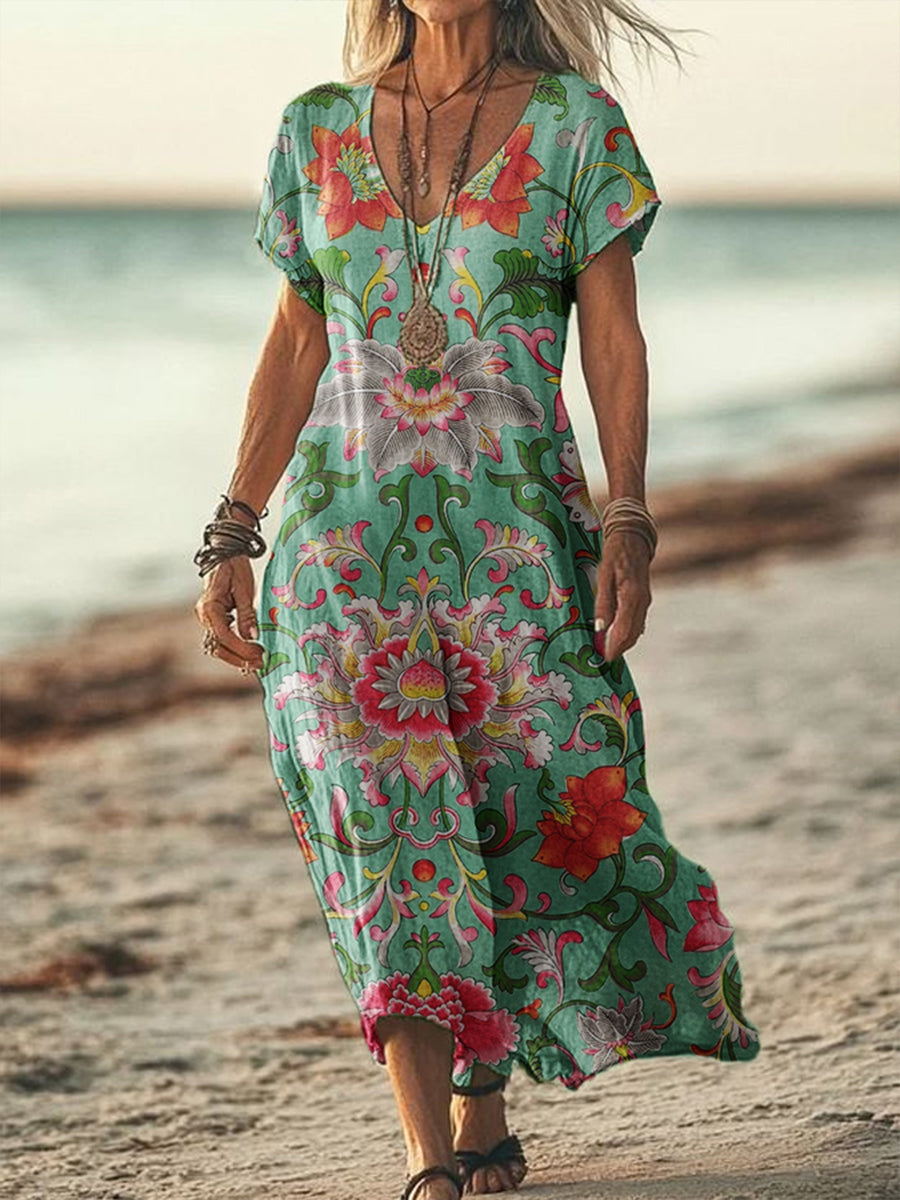 Women's Vintage Location Printed V-Neck Short Sleeve Dress