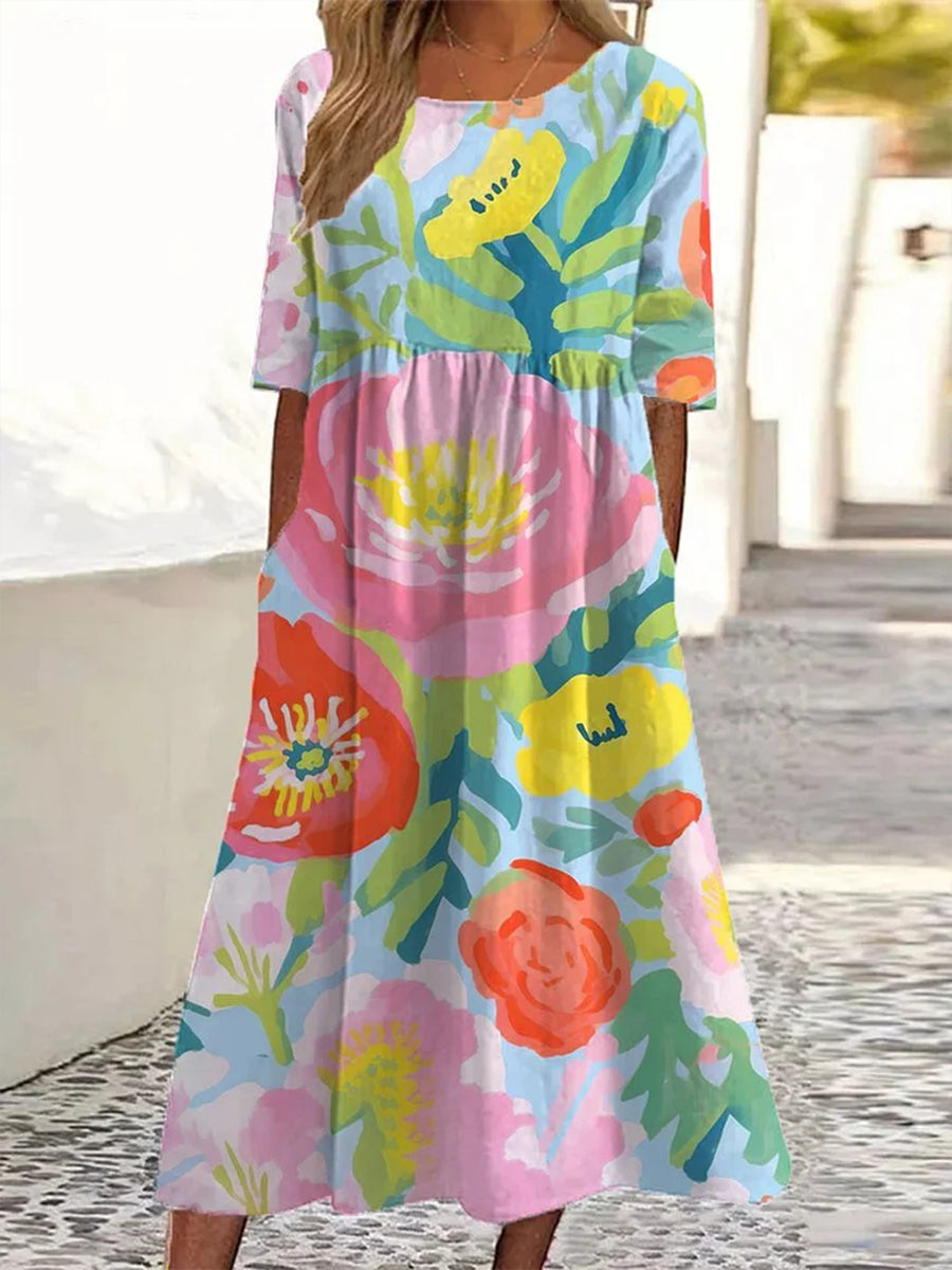 Women's Watercolor Floral Art Print Cotton Linen Short Sleeve Pocket Dress