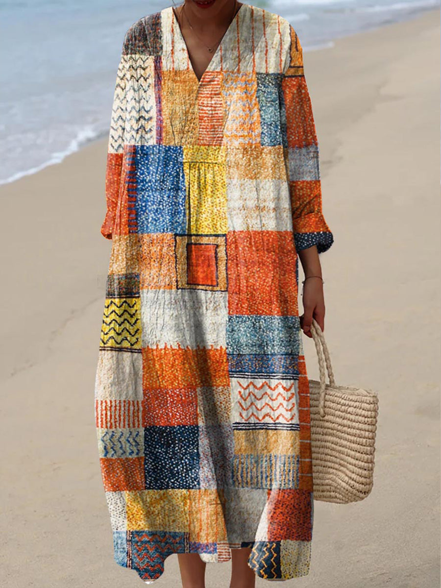 Women's Vintage Geometric Pattern Art Print Cotton Dress