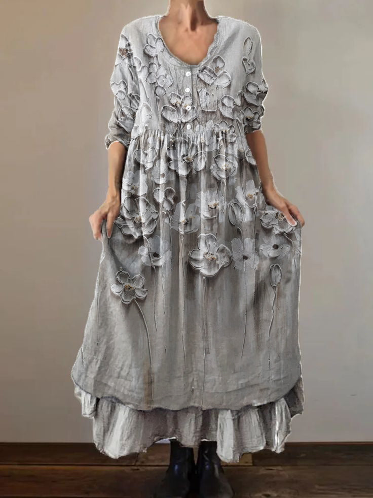 Women's Embossed Art Three-dimensional Printed Cotton and Linen Double Layer Dresses