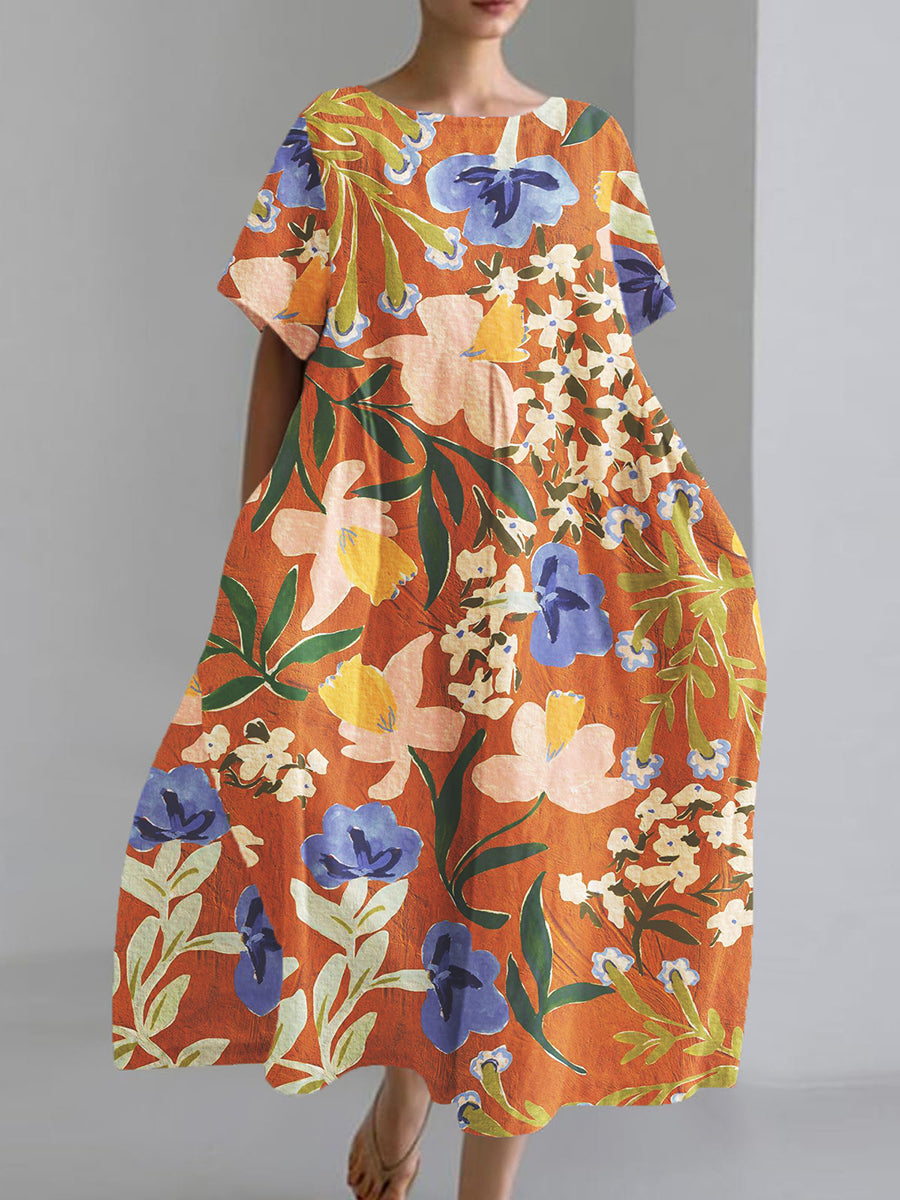 Women's Watercolor Floral Art Print Short Sleeve Pocket Dresses