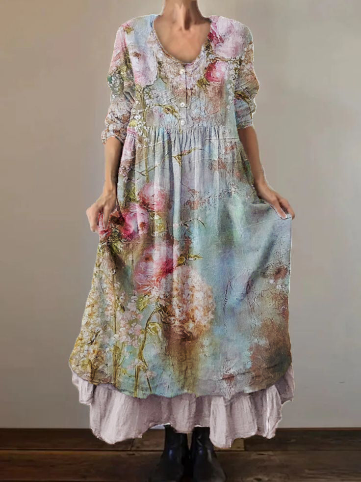 Women's Vintage Floral Printed Cotton and Linen Double Layer Dress