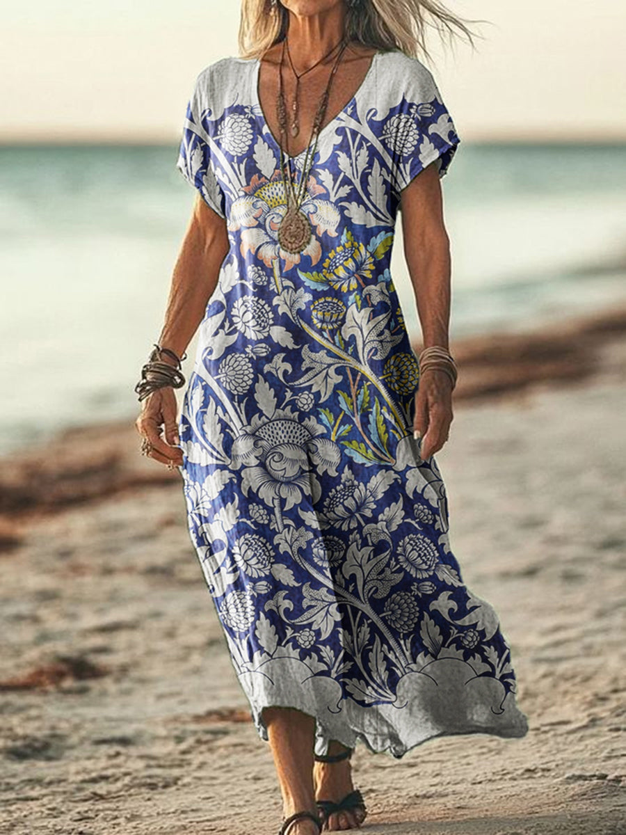 Women's Vintage Location Printed V-Neck Short Sleeve Dress