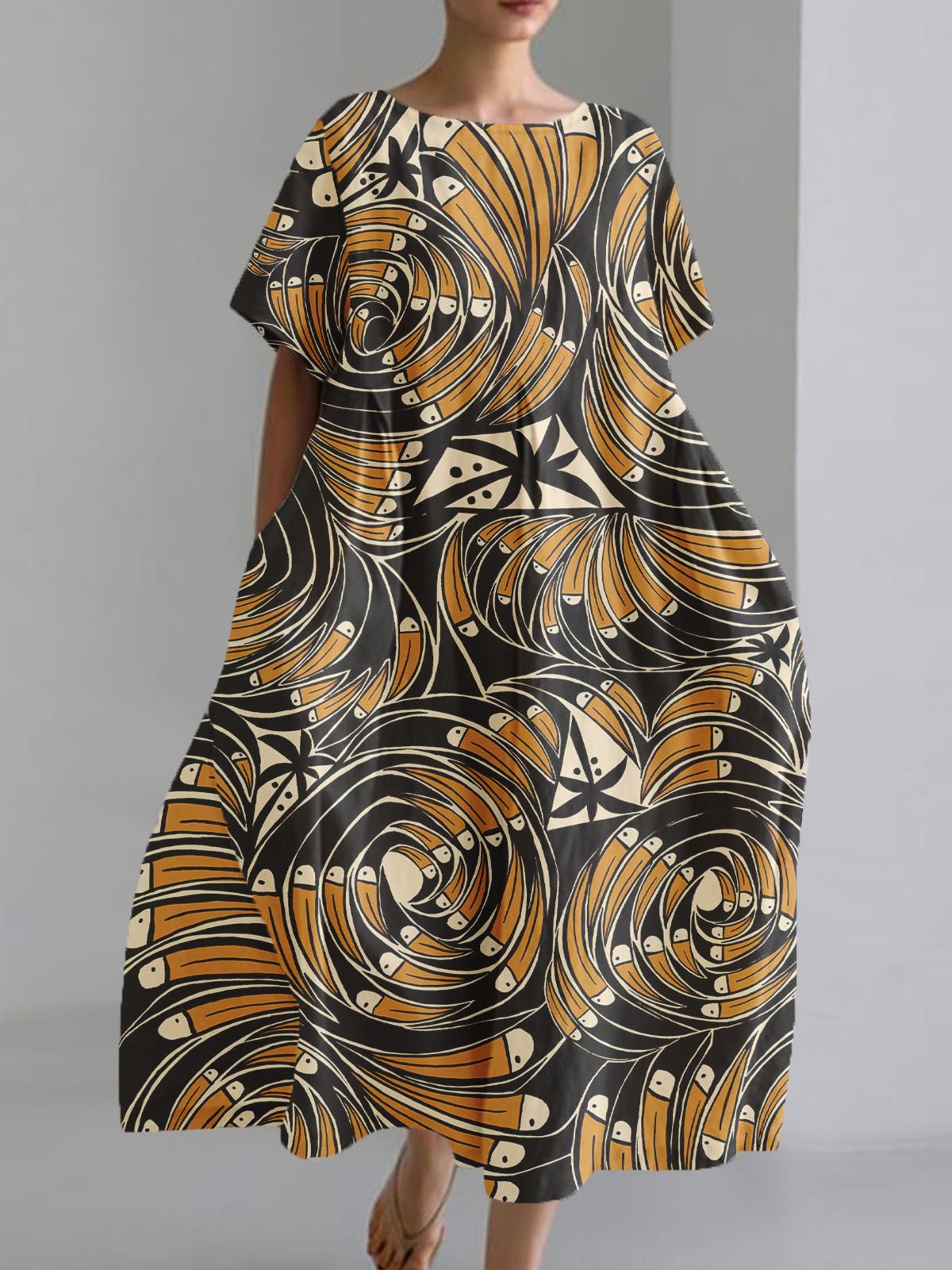 Women's Copatucano Art Printed Cotton Linen Short Sleeve Pocket Dress