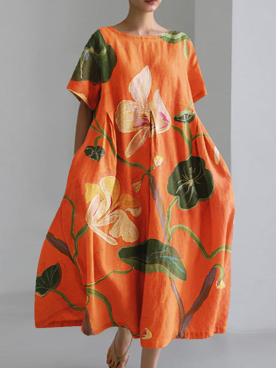 Women's Watercolor Floral Art Print Short Sleeve Pocket Dresses