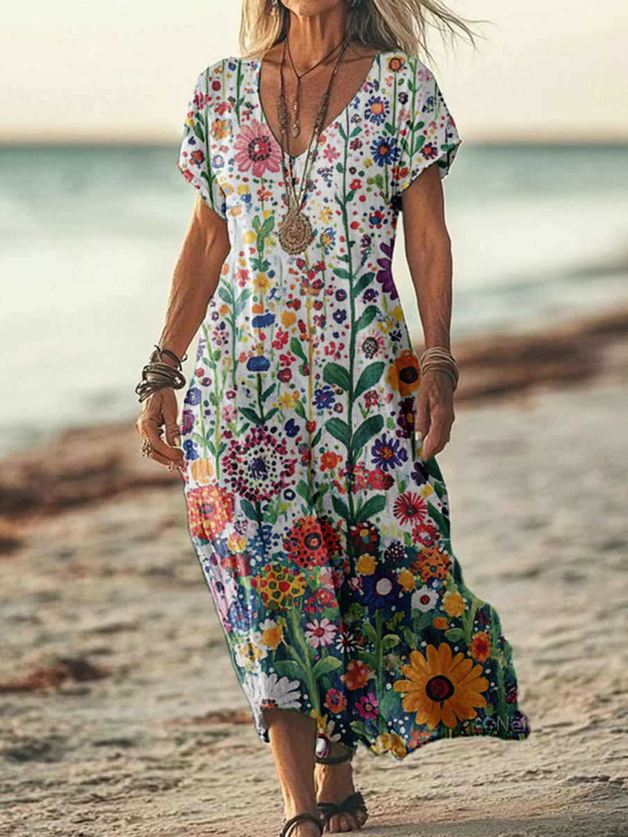 Printed V-Neck Elegant Chic Loose Long Sleeve Maxi Dress