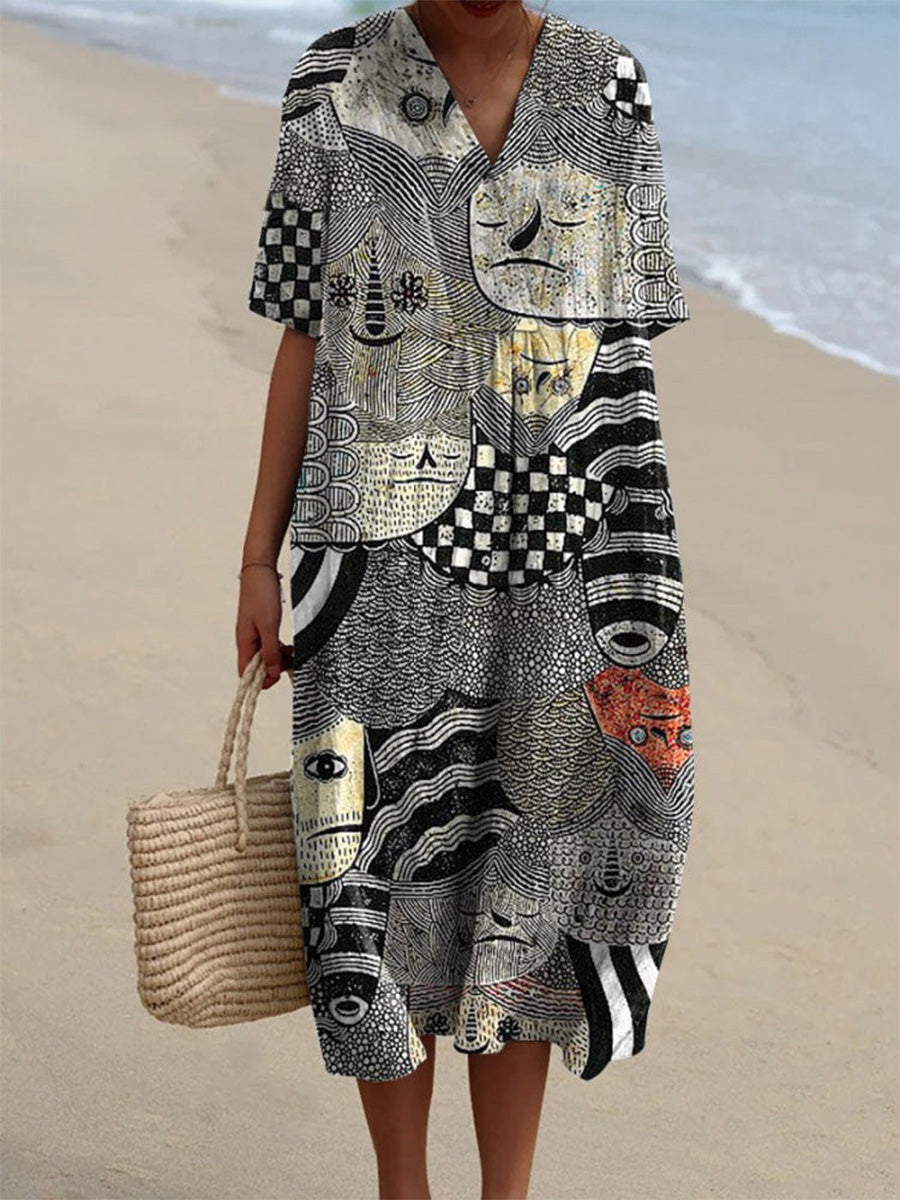 Women's Vintage Funny Abstract Figure Art Print Flowy Dress