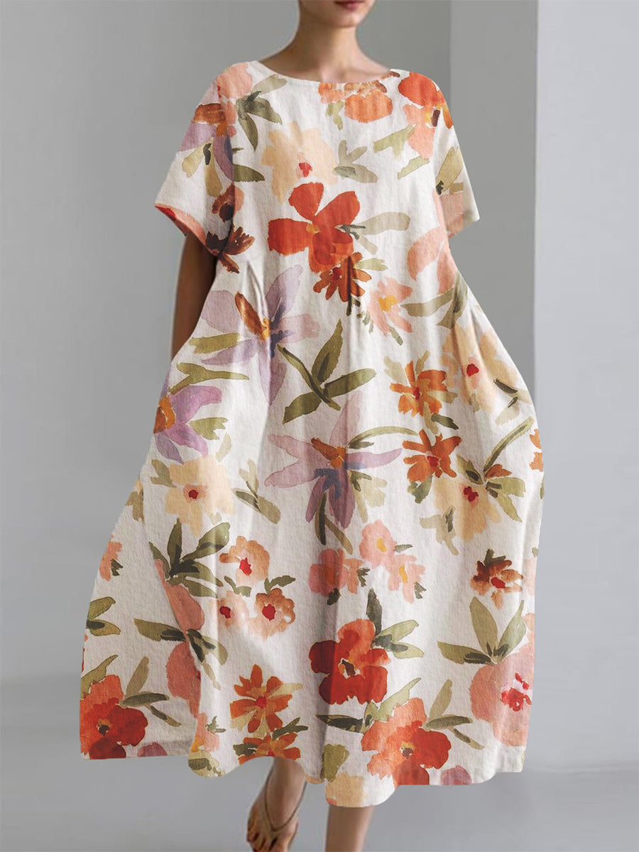 Women's Watercolor Floral Art Print Short Sleeve Pocket Dresses