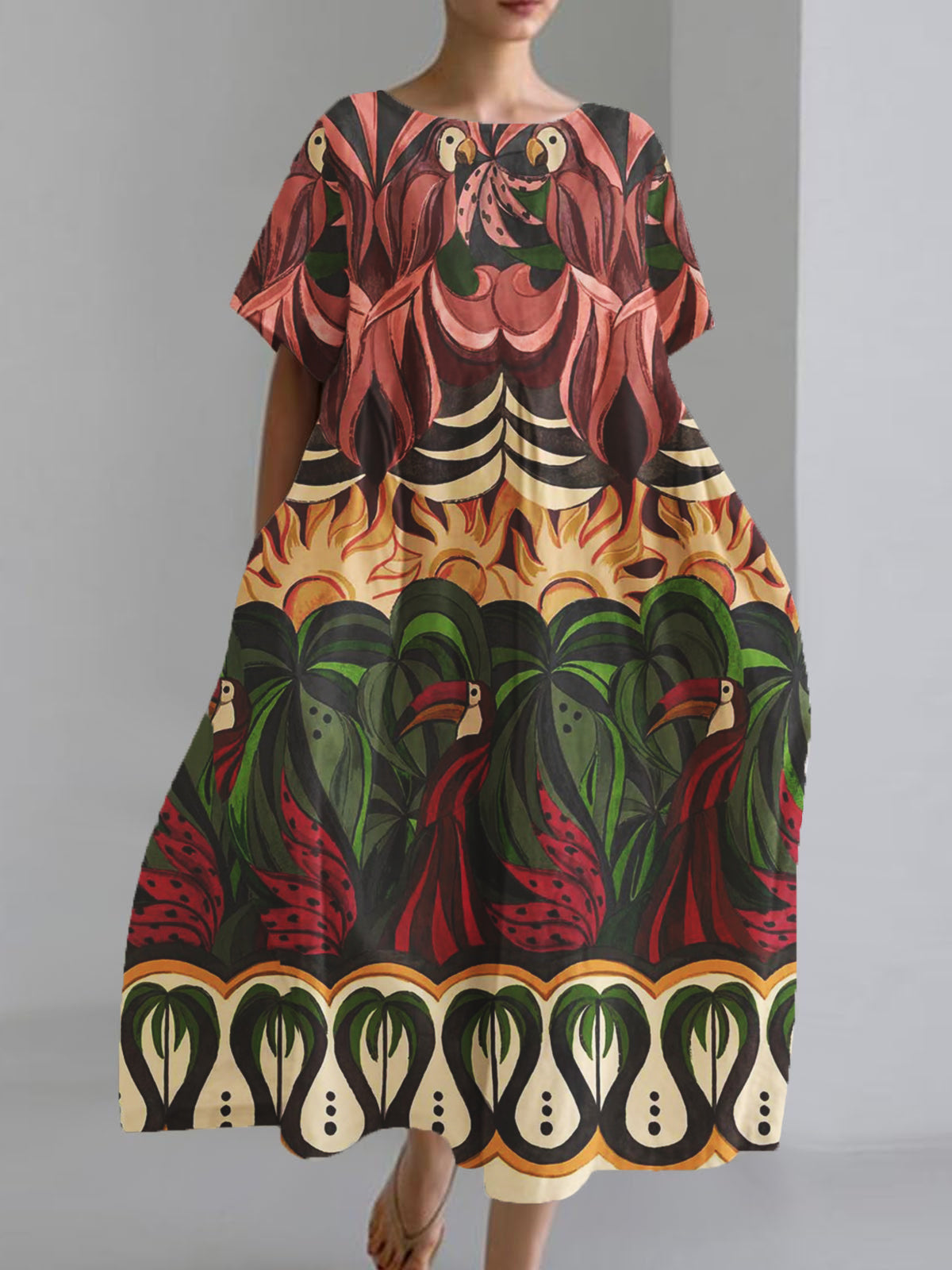 Women's Copatucano Art Printed Cotton Linen Short Sleeve Pocket Dress